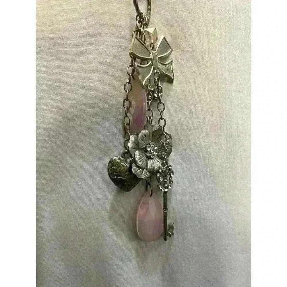 Vintage Necklace Flower Heart Key Bow Pink Bead Pendant Junk Journal Spine Jewel